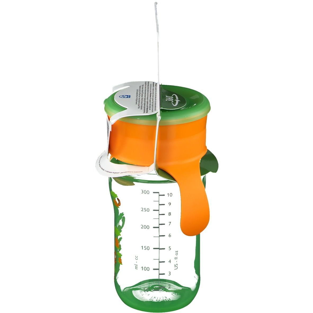 Trinklernbecher, grün-orange. Mit Griffen und Messskala. Verpackung mit Produktinformationen. AVENT-Logo. 360° Trinkrand.
