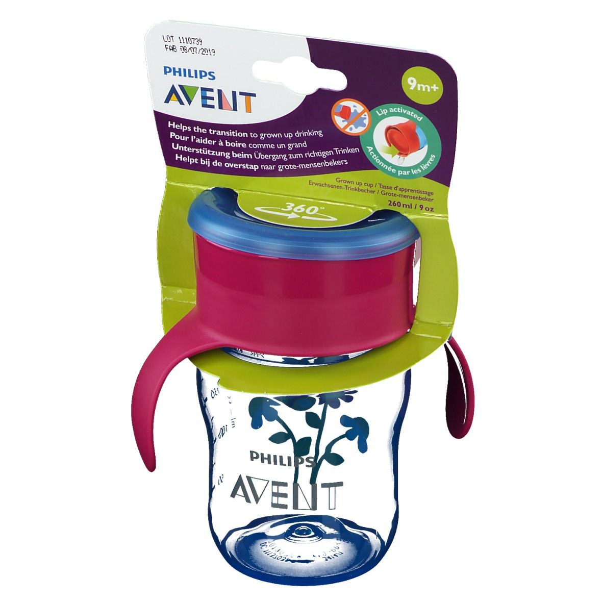 Gobelet avec poignées, rose et bleu. Emballage avec informations produit. Marque : Avent.