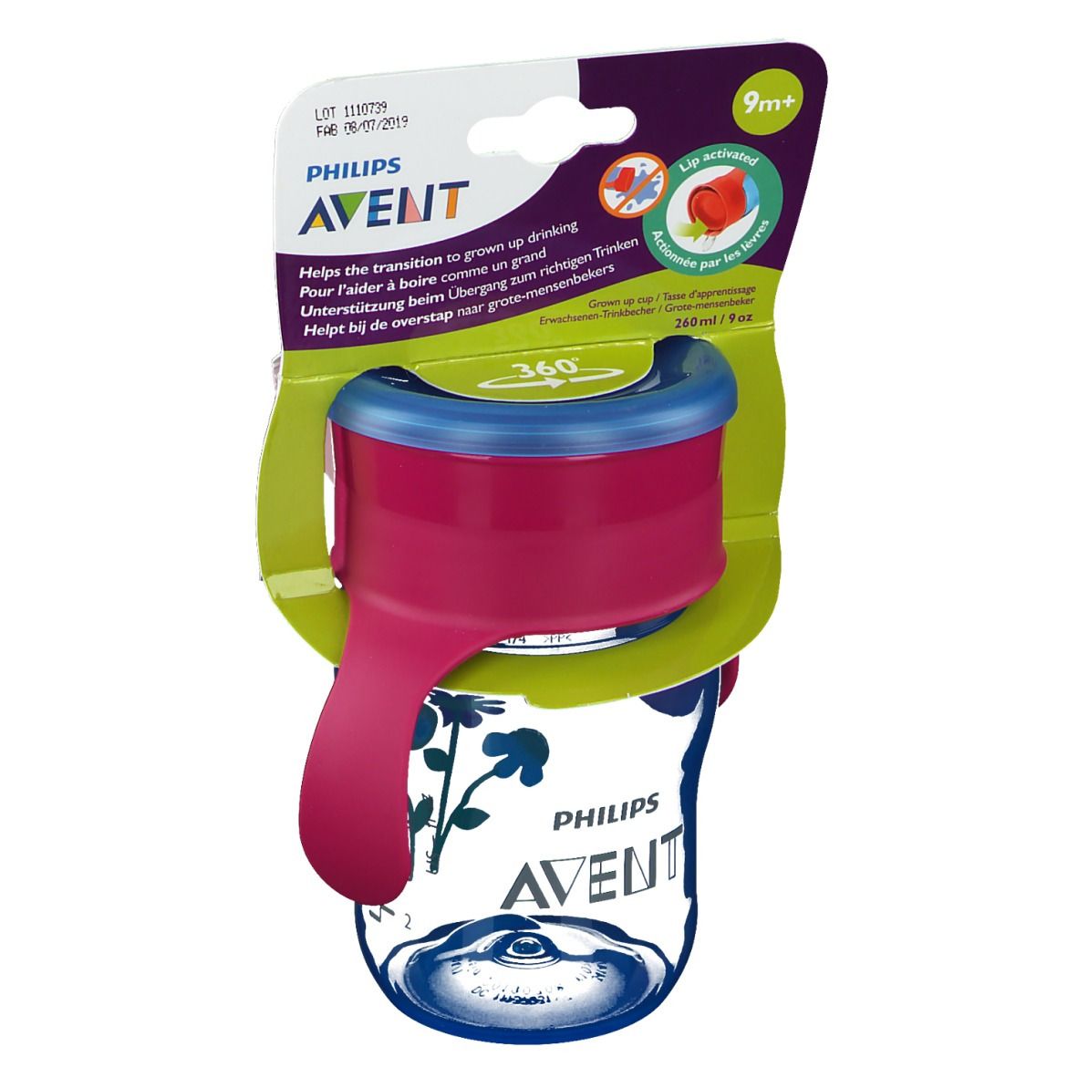 Gobelet avec poignées, rose et bleu. Emballage avec informations produit. Marque : Avent.