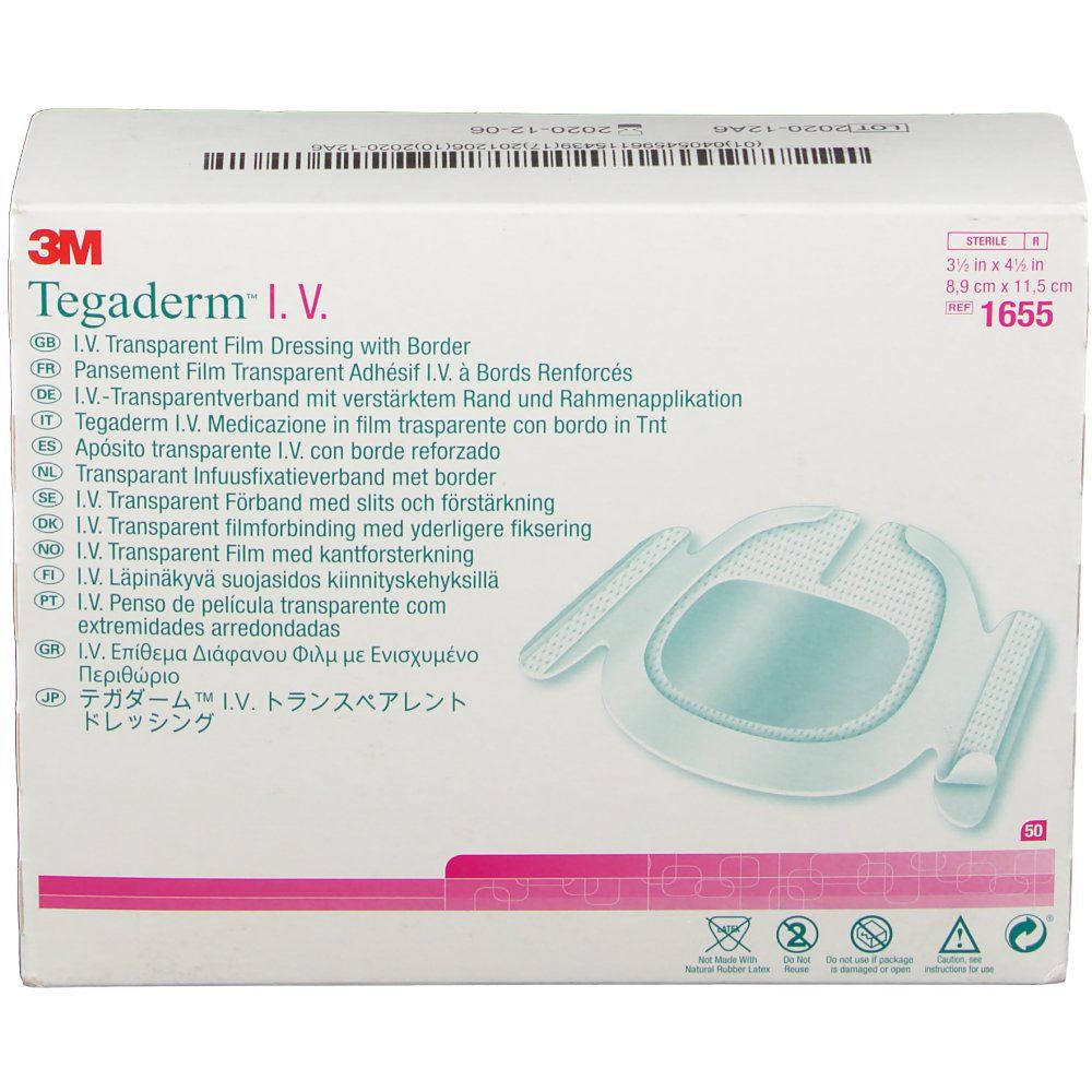 Verpackung von 3M Tegaderm I.V. Fixierverband. Enthält einen transparenten Filmverband mit verstärktem Rand und Rahmenapplikation. Größe: 8,9 x 11,5 cm.