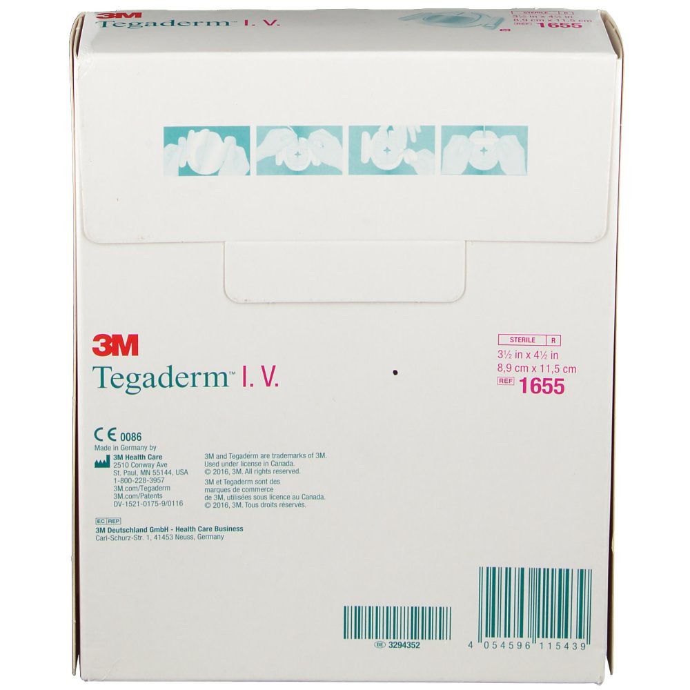 Rückseite der Verpackung von 3M Tegaderm I.V. Produktinformationen und Größenangabe: 8,9 cm x 11,5 cm. Mit CE-Kennzeichnung.