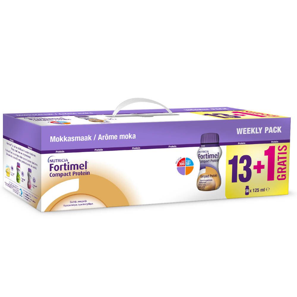 Pack hebdomadaire Fortimel Compact Protein Moka. Carton avec poignée, violet et blanc. Contient 13+1 bouteilles. Imprimé: Nutricia.