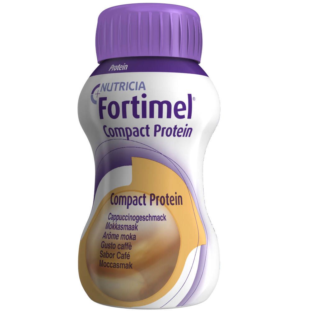 Bouteille Fortimel Compact Protein, goût Moka. Blanc, bouchon violet. Imprimé: Nutricia, Compact Protein. Arômes: Cappuccino, Moka.