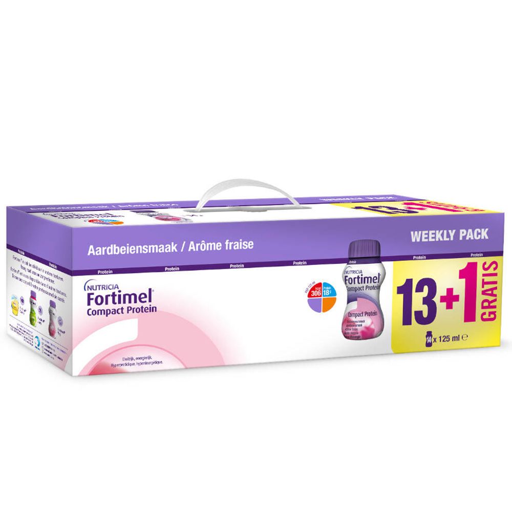 Emballage de Fortimel Compact Protein. Violet et blanc, avec poignée. Contient 13+1 bouteilles.