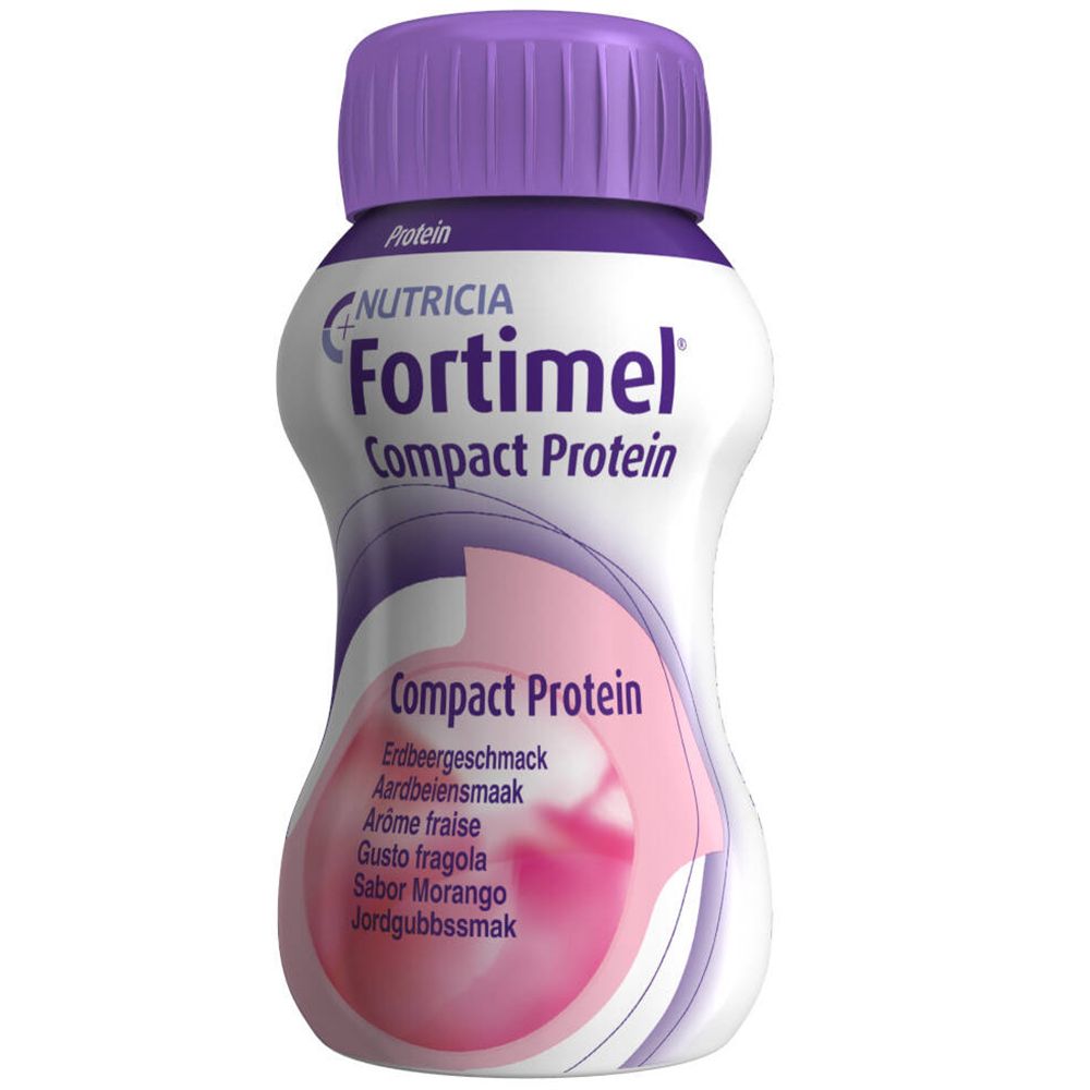 Bouteille de Fortimel Compact Protein. Bouchon violet, étiquette blanche avec nom et goût fraise.