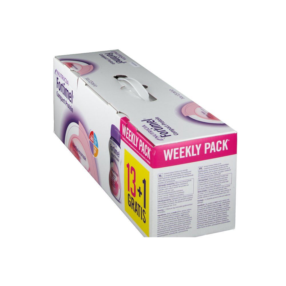 Emballage de Fortimel Compact Protein. Blanc avec éléments violets et roses. Pack semaine avec poignée.