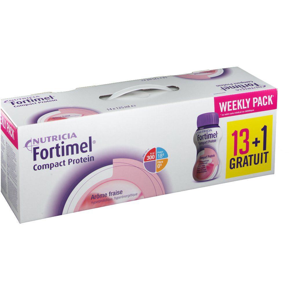 Emballage de Fortimel Compact Protein. Blanc avec éléments violets et roses. Pack semaine avec 13+1.