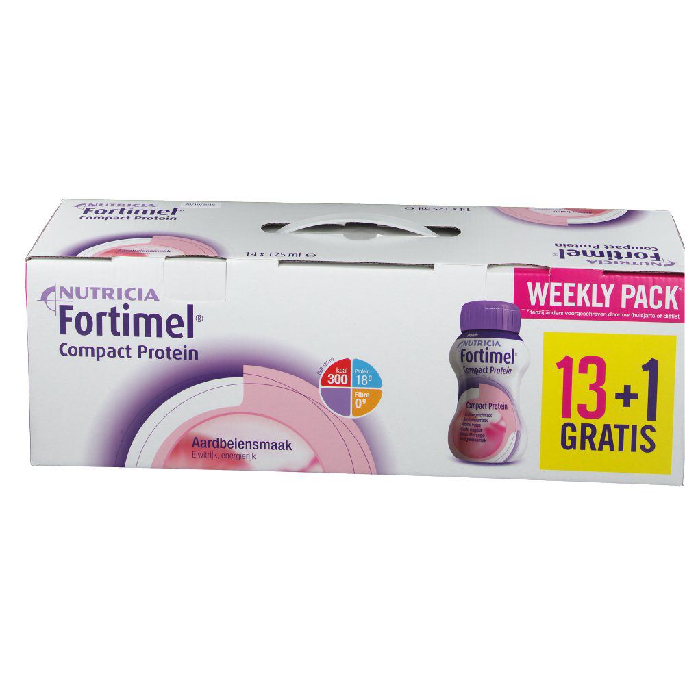 Emballage de Fortimel Compact Protein. Blanc avec éléments violets et roses. Pack semaine avec 13+1.
