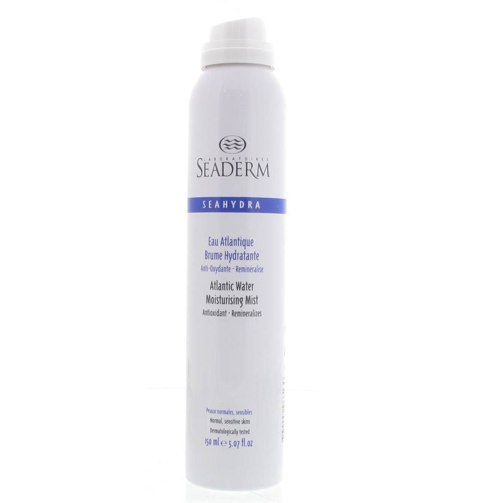 Weiße Aerosoldose mit Seaderm Logo und 'Atlantic Water Moisturizing Mist' Aufschrift. 150 ml.