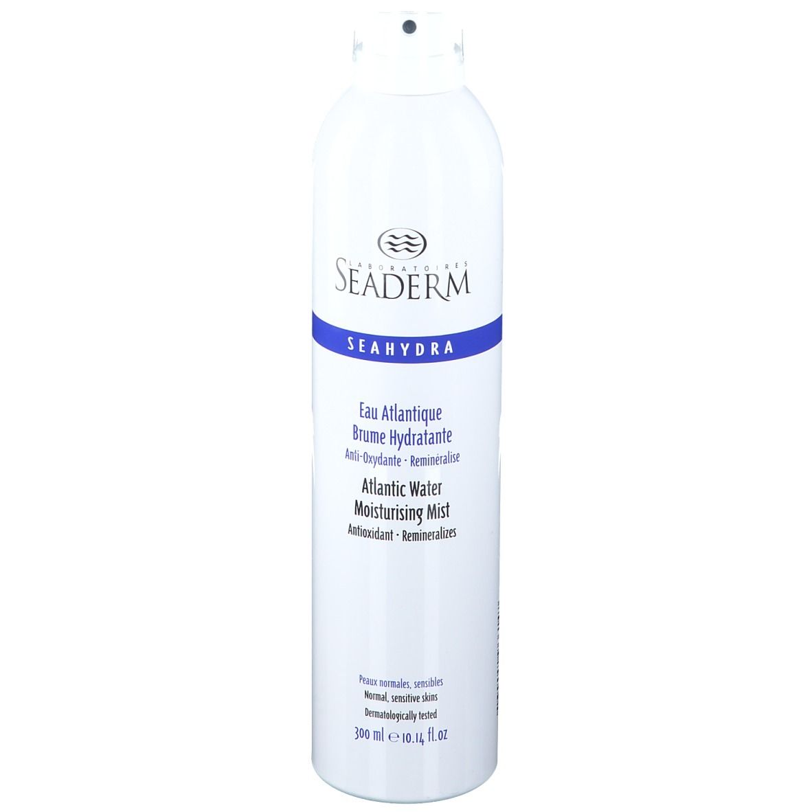 Spray blanc avec bande bleue. Inscription: SEADERM, SEAHYDRA, Eau Atlantique Brume hydratante, Atlantic Water Moisturising Mist.