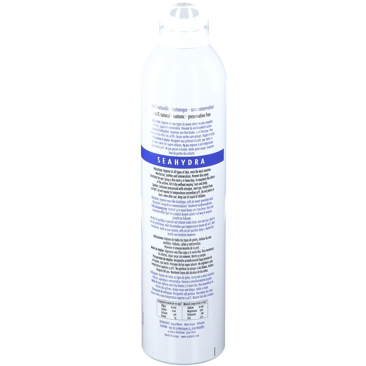 Spray blanc, dos. Texte avec ingrédients et instructions d'utilisation. Inscription: SEADERM, SEAHYDRA.