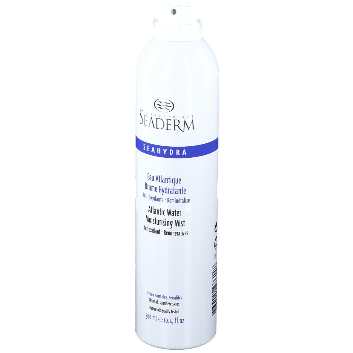 Spray blanc avec bande bleue. Inscription: SEADERM, SEAHYDRA, Eau Atlantique Brume hydratante, Atlantic Water Moisturising Mist.
