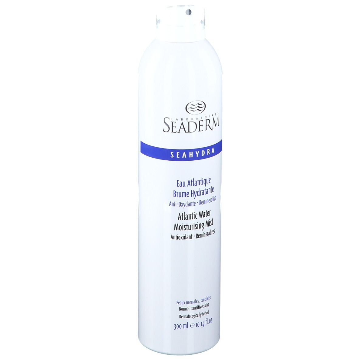 Spray blanc avec bande bleue. Inscription: SEADERM, SEAHYDRA, Eau Atlantique Brume hydratante, Atlantic Water Moisturising Mist.
