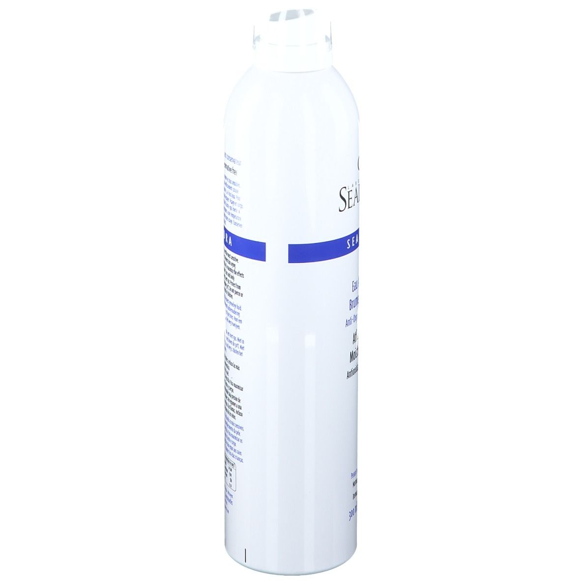 Spray blanc, vue latérale. Texte avec ingrédients et instructions d'utilisation. Inscription: SEADERM, SEAHYDRA.