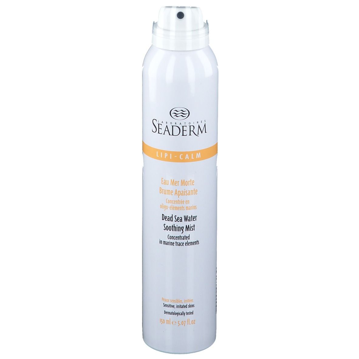 Witte sprayfles met productinformatie. Opschrift: SEADERM Lipi-Calm. Bevat Dode Zee water. Voor gevoelige huid.
