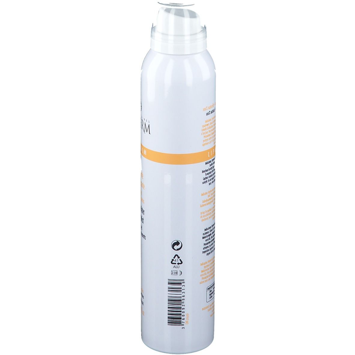 Witte sprayfles, zijaanzicht. Productinformatie en barcode zichtbaar. Opschrift: SEADERM Lipi-Calm. Voor gevoelige huid.