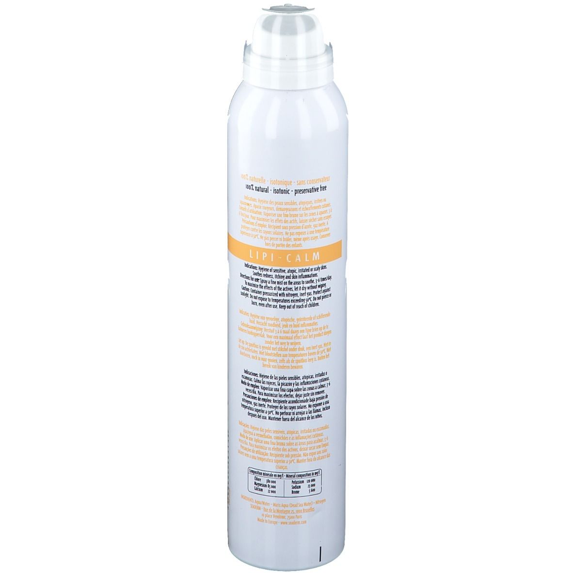 Witte sprayfles, achteraanzicht. Productinformatie en ingrediënten zichtbaar. Opschrift: SEADERM Lipi-Calm. Voor gevoelige huid.