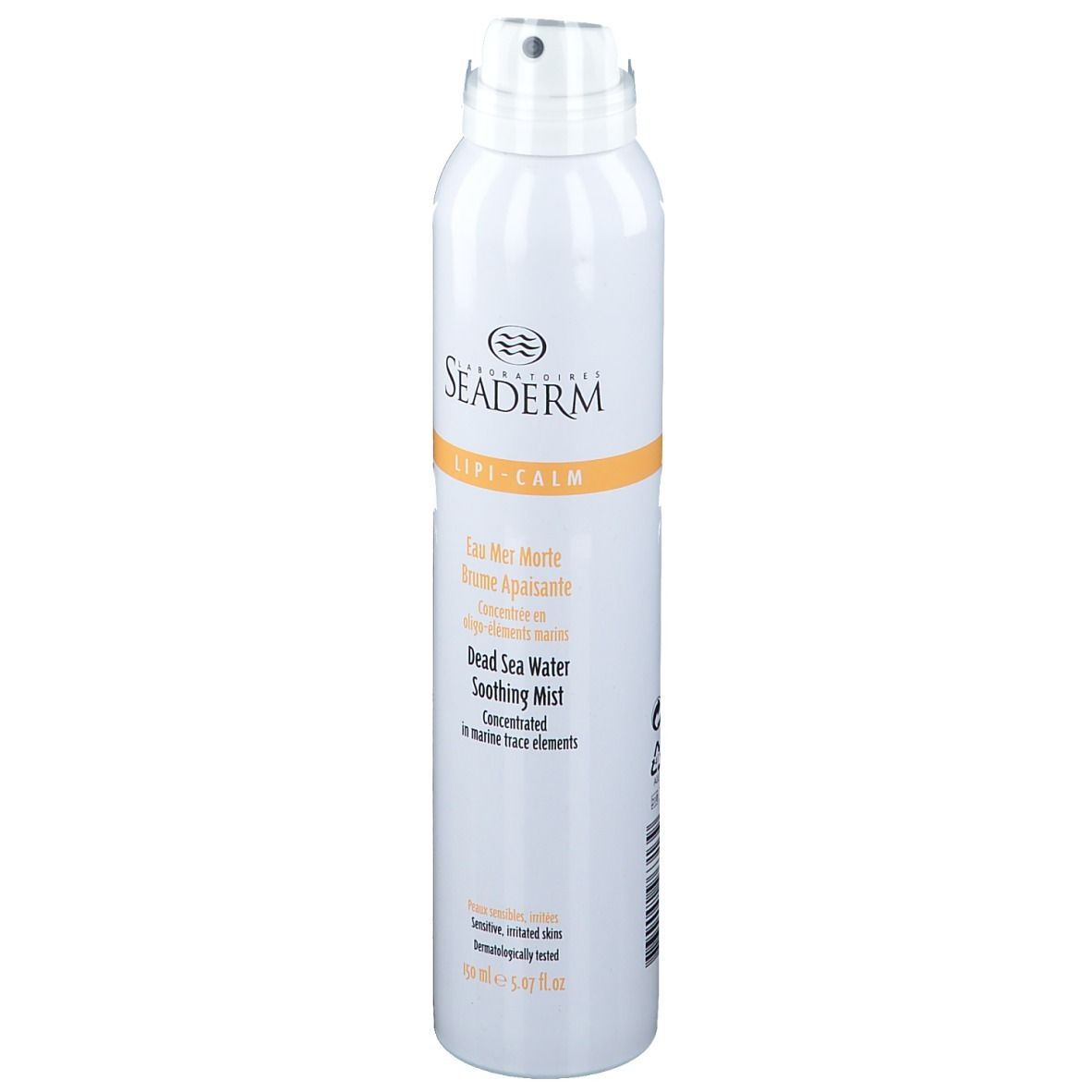 Witte sprayfles met productinformatie. Opschrift: SEADERM Lipi-Calm. Bevat Dode Zee water. Voor gevoelige huid.