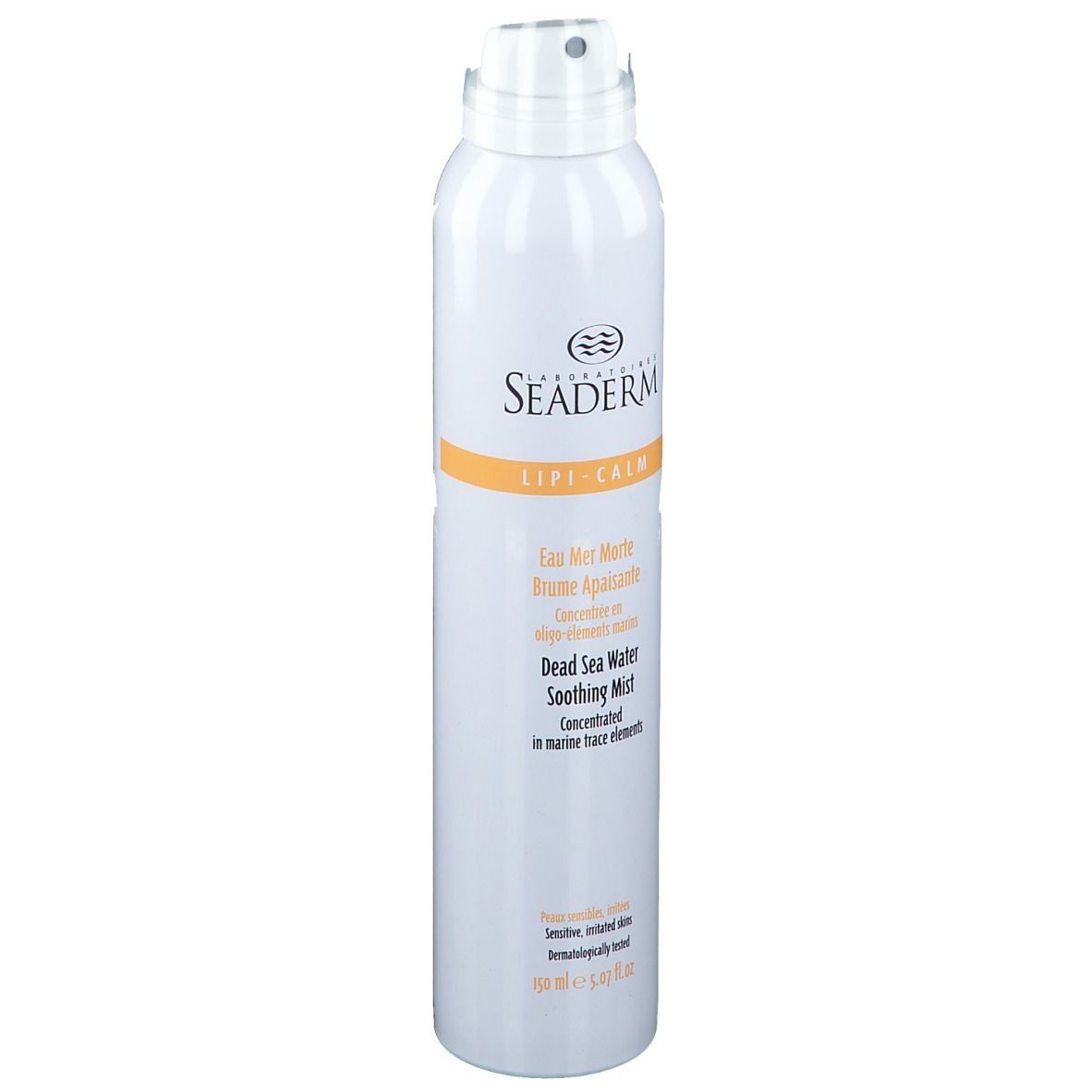 Witte sprayfles met productinformatie. Opschrift: SEADERM Lipi-Calm. Bevat Dode Zee water. Voor gevoelige huid.