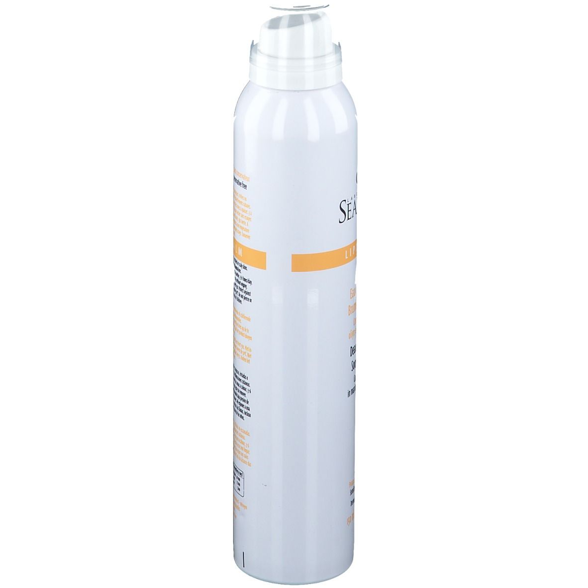 Witte sprayfles, zijaanzicht. Productinformatie en barcode zichtbaar. Opschrift: SEADERM Lipi-Calm. Voor gevoelige huid.