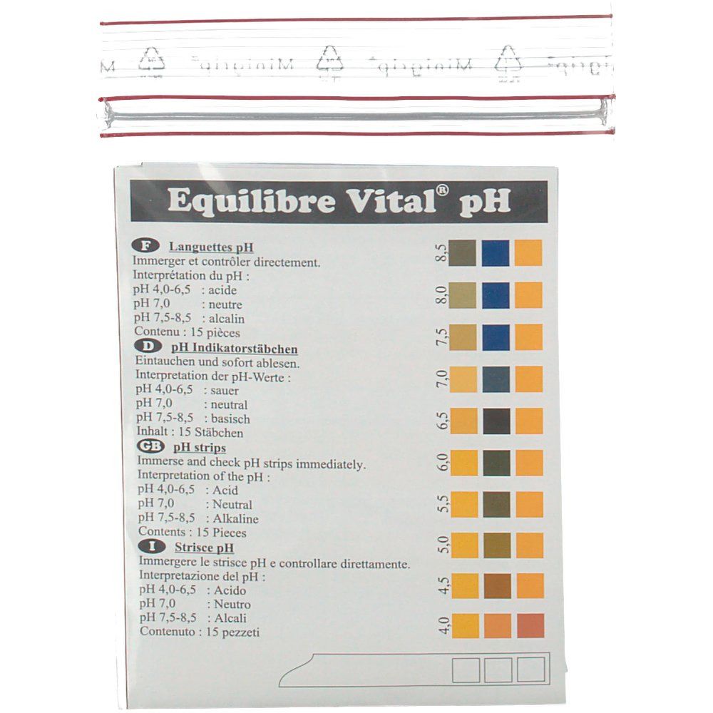 Kit de bandelettes de test pH. Impression avec valeurs pH et échelle de couleurs. Contient 15 bandelettes. Texte en plusieurs langues.