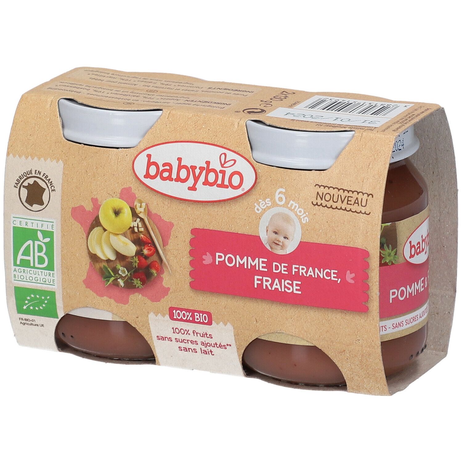 Babybio, 2 pots de nourriture bébé pomme-fraise. Emballage avec label AB bio. Inscription: Pomme de France, Fraise.
