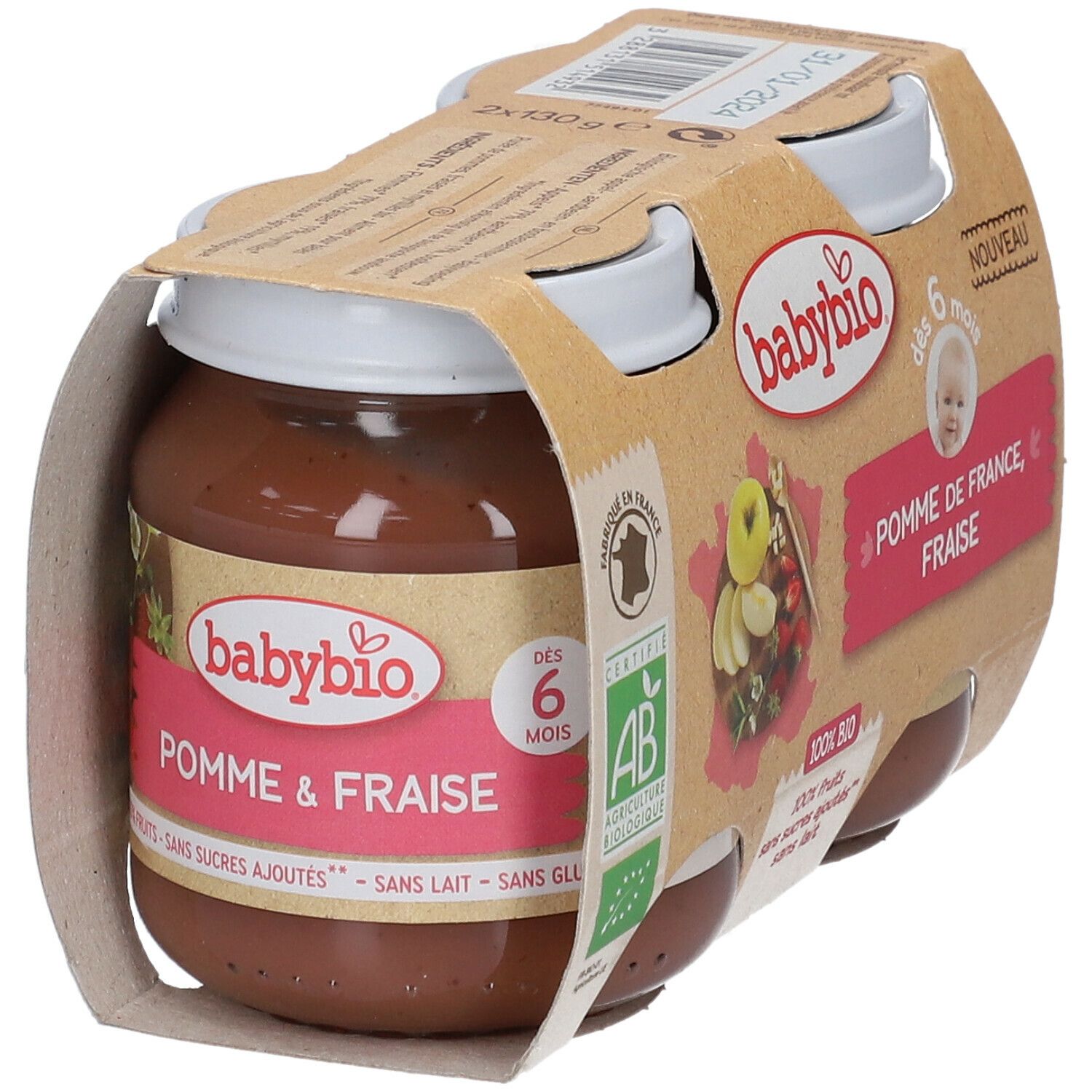 Babybio, 2 pots de nourriture bébé pomme-fraise. Emballage avec label AB bio. Inscription: Pomme & Fraise.