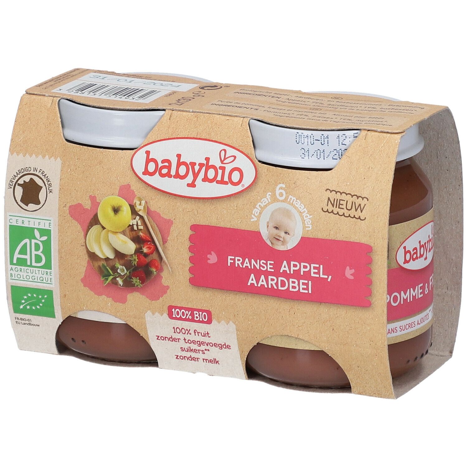 Babybio, 2 pots de nourriture bébé pomme-fraise. Emballage avec label AB bio. Inscription: Franse Appel, Aardbei.