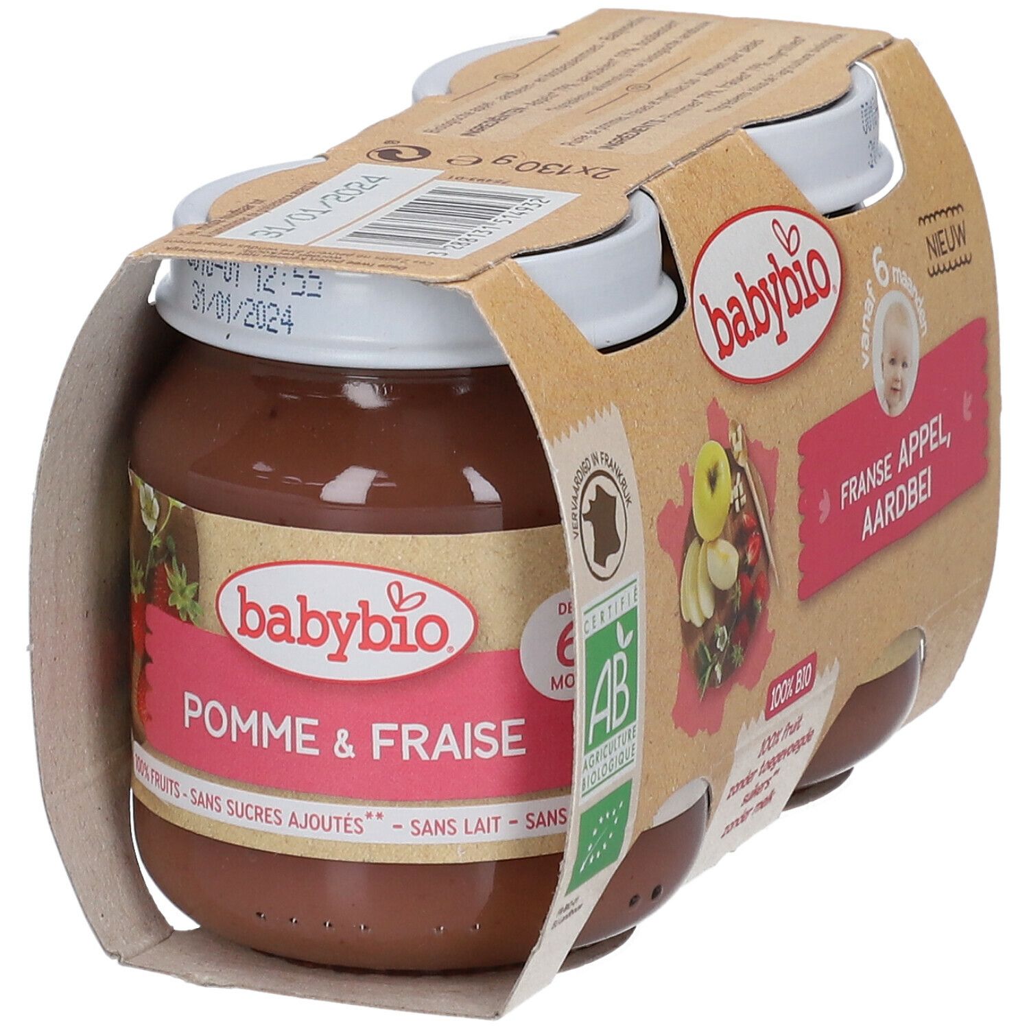 Babybio, 2 pots de nourriture bébé pomme-fraise. Emballage avec label AB bio. Inscription: Pomme & Fraise.