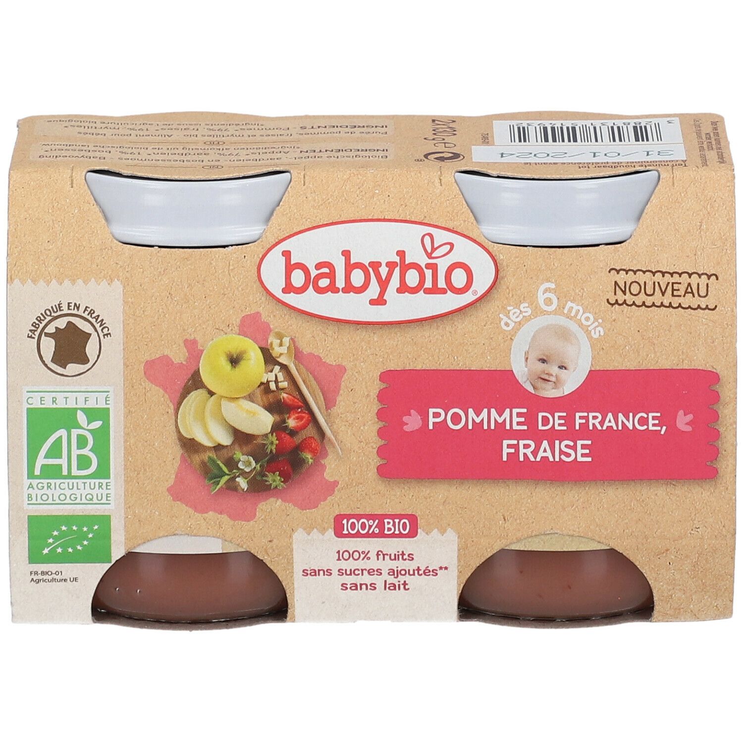 Babybio, 2 coupelles de nourriture bébé pomme-fraise. Emballage avec label AB bio. Inscription: Pomme de France, Fraise.