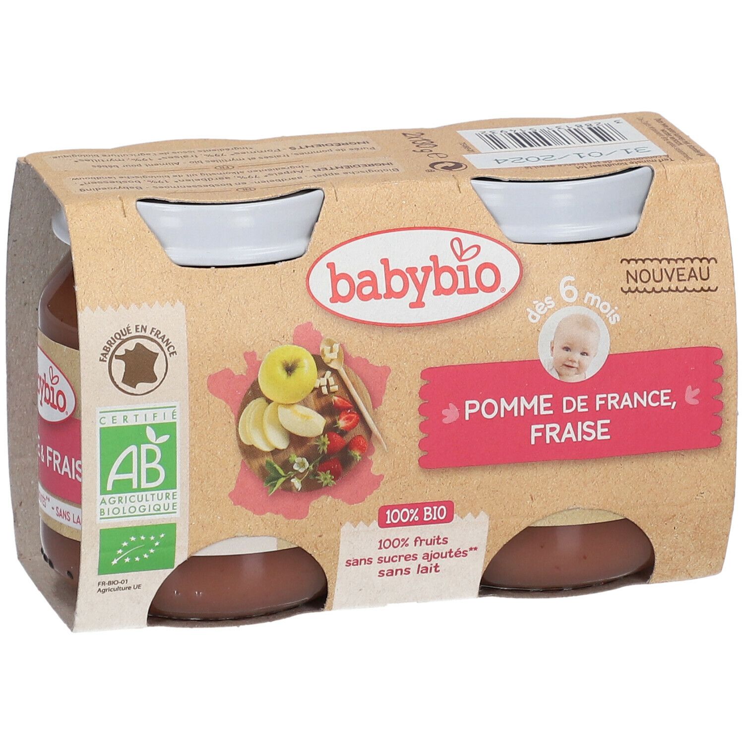 Babybio, 2 coupelles de nourriture bébé pomme-fraise. Emballage avec label AB bio. Inscription: Pomme de France, Fraise.