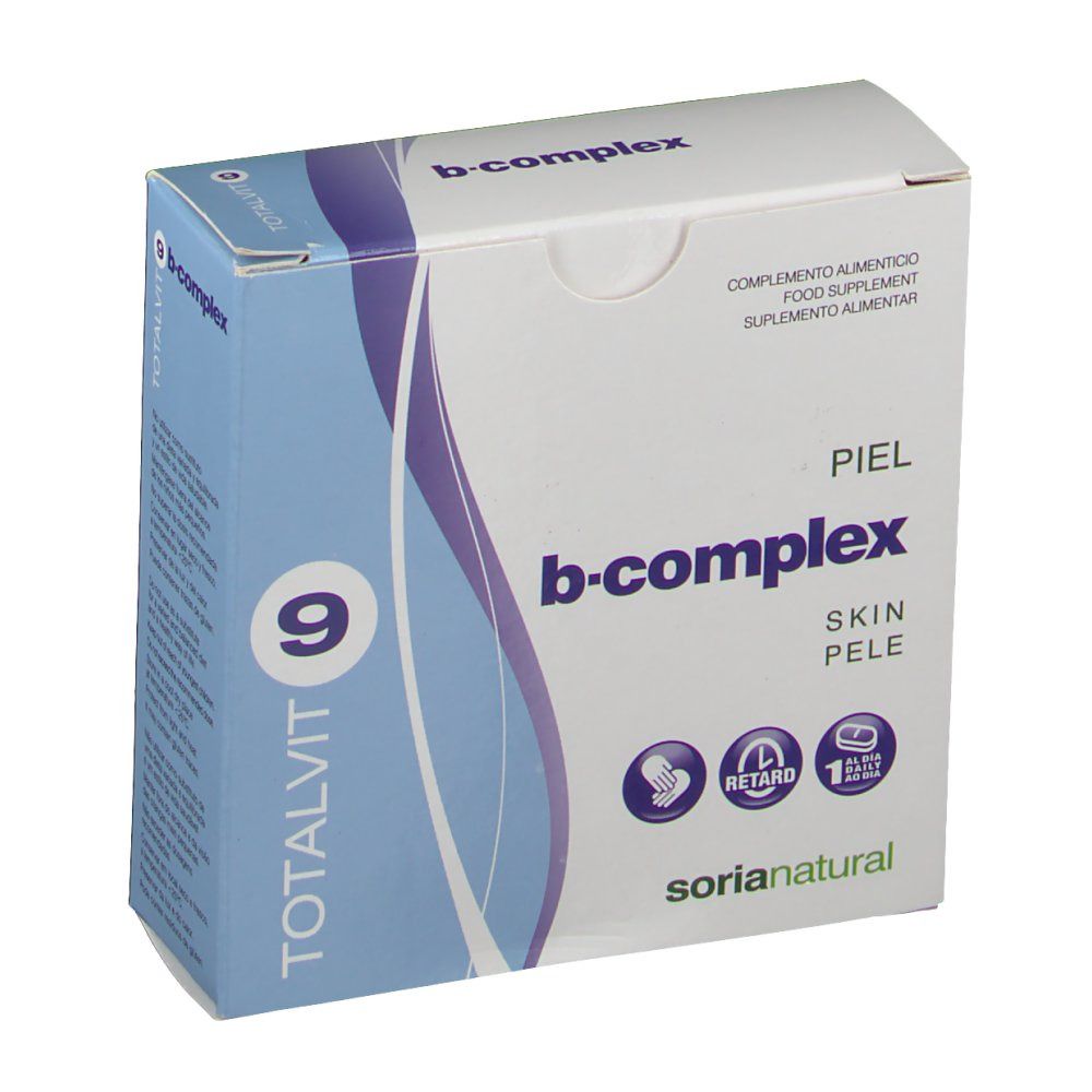 Doosje TotalVit9 B-Complex. Opschriften: b-complex, piel, skin, pele. Logo Soria Natural.