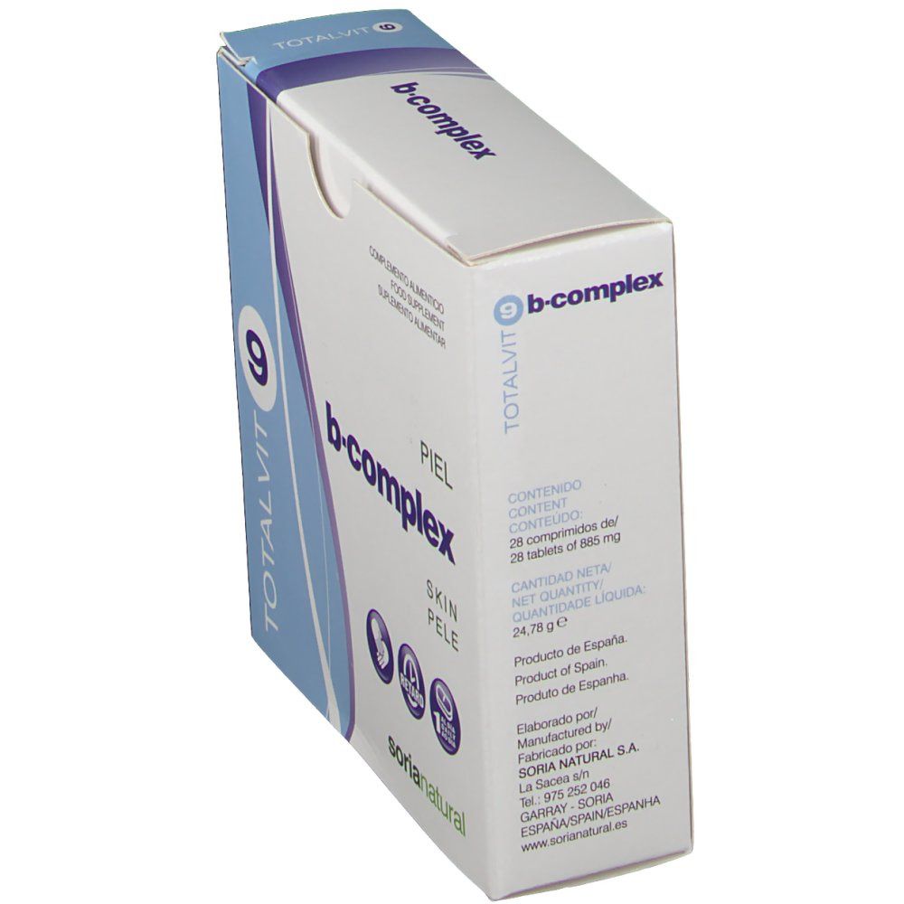 Schuin geplaatste verpakking TotalVit9 B-Complex. Opschriften: b-complex, piel, skin, pele. Logo Soria Natural.