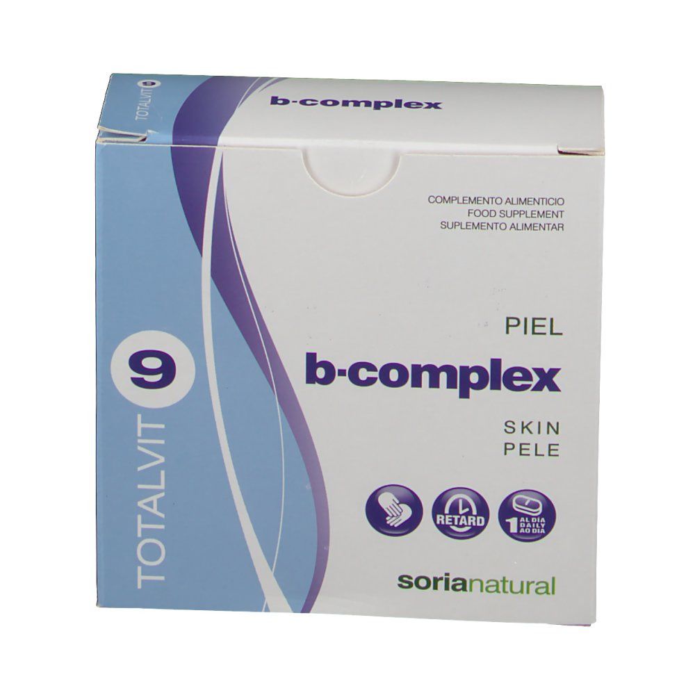 Doosje TotalVit9 B-Complex. Opschriften: b-complex, piel, skin, pele. Logo Soria Natural.