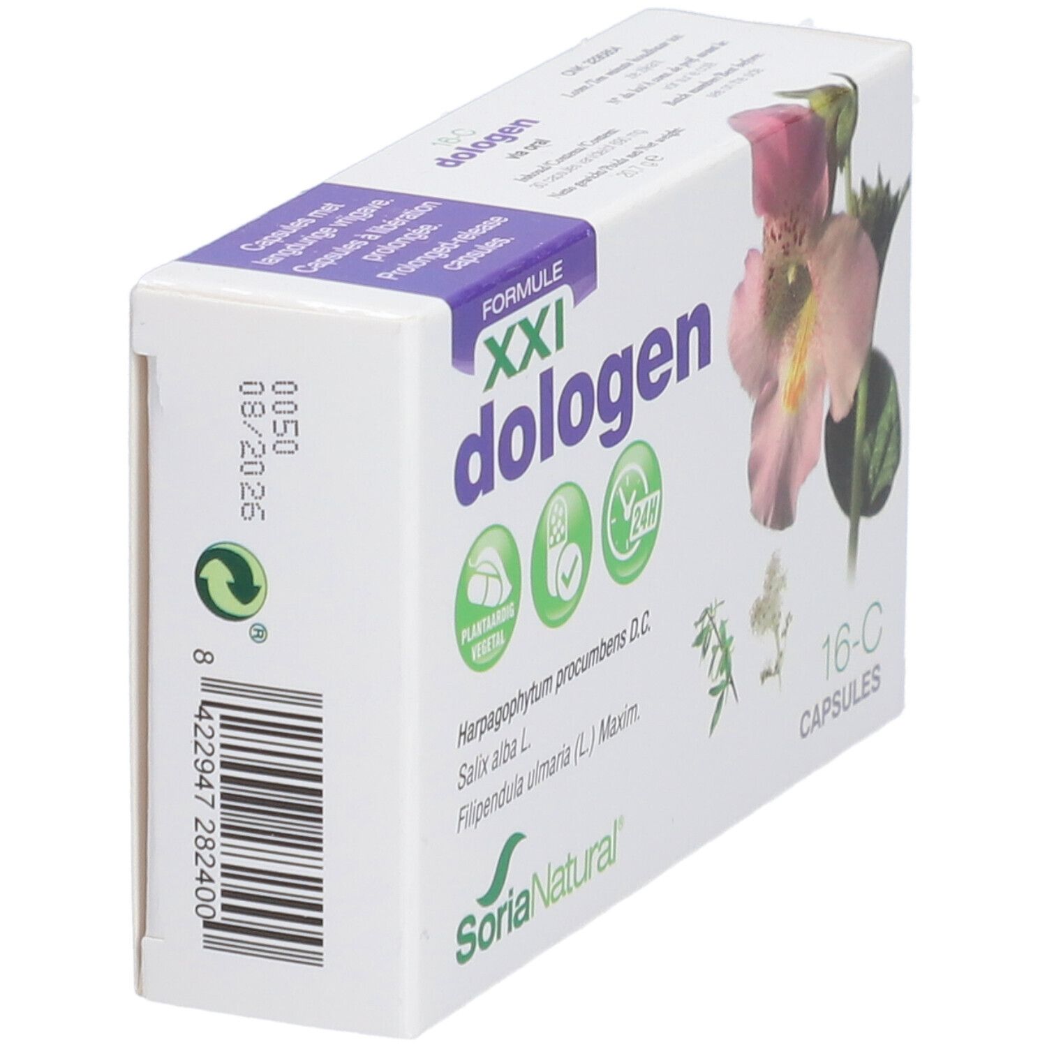 Doos "dologen" met bloemenmotief. "Soria Natural" en batchnummer zichtbaar. Groene recyclingsymbolen.