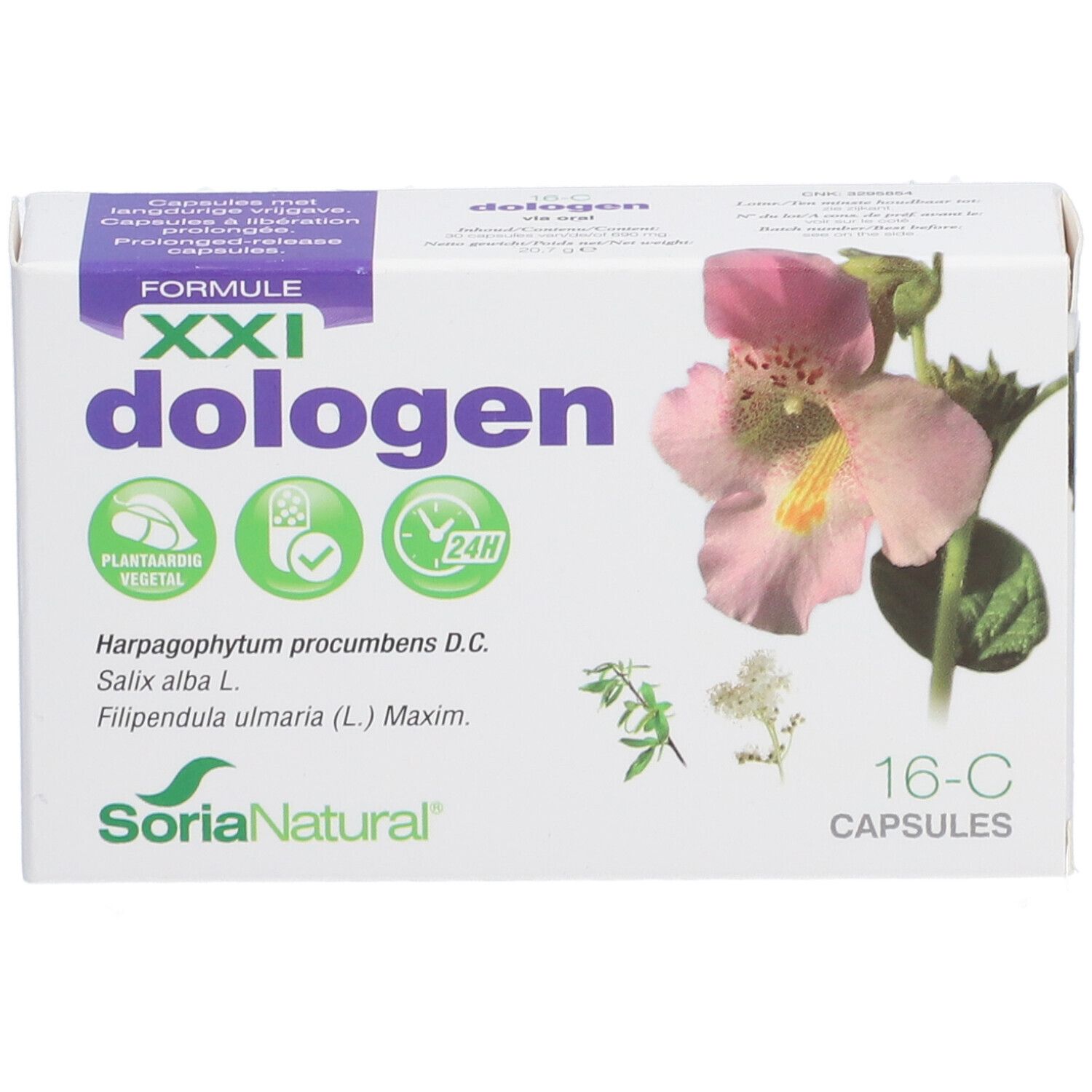 Witte doos "dologen" met bloemenmotief. "Soria Natural" en "16-C CAPSULES" zijn zichtbaar.