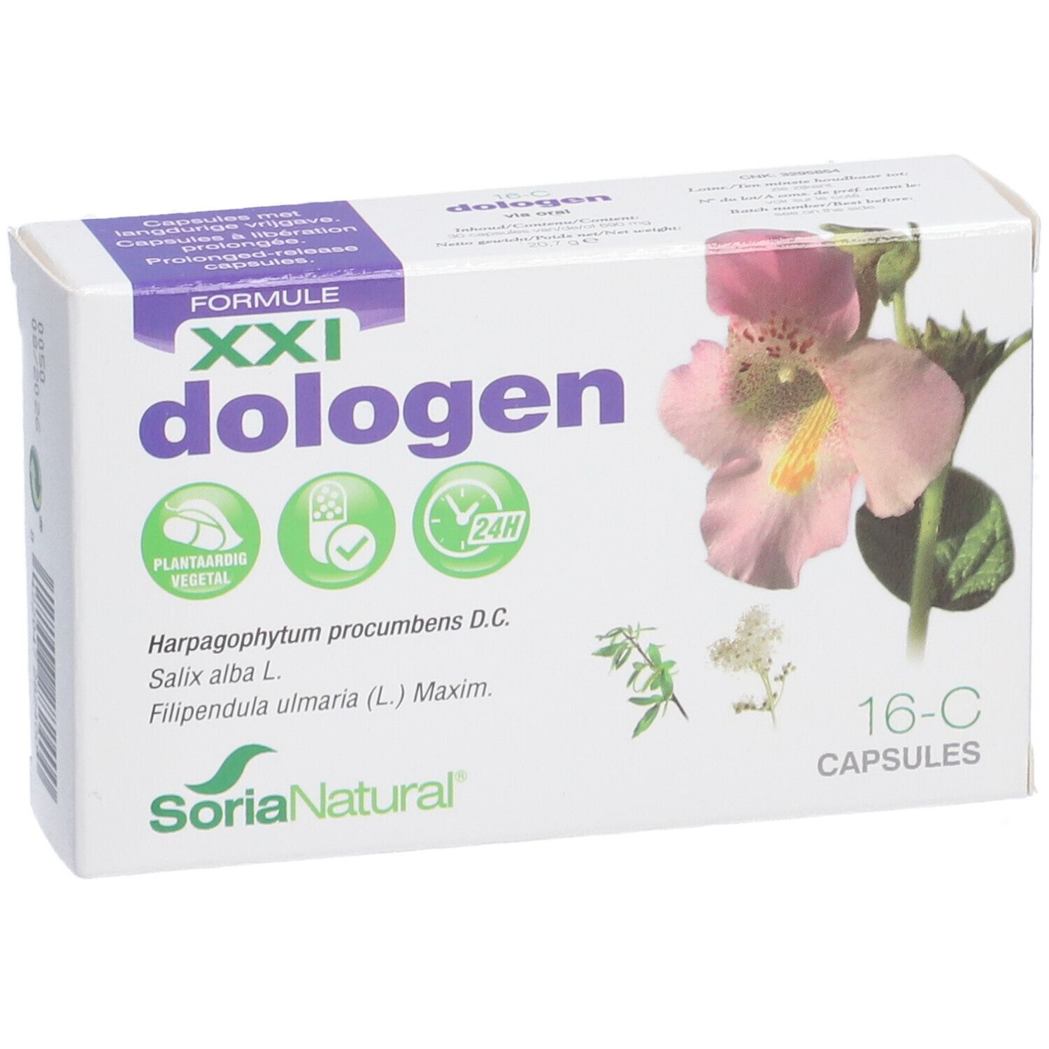 Witte doos "dologen" met bloemenmotief. "Soria Natural" en "16-C CAPSULES" zijn zichtbaar.
