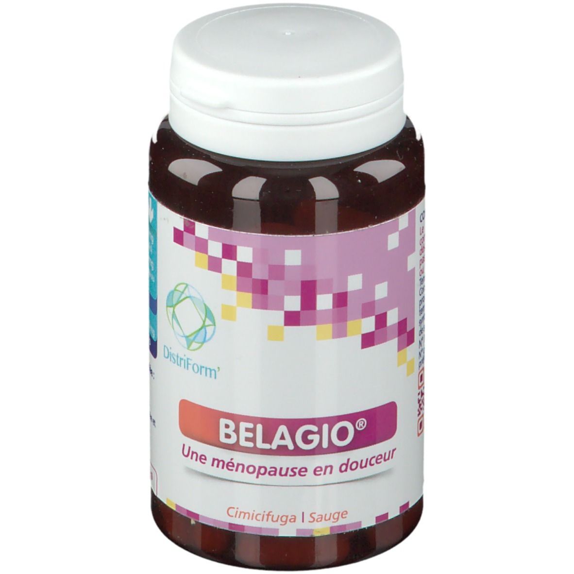Bruine tablettenfles met witte dop. Opschrift: Belagio, Une ménopause en douceur. DistriForm logo.