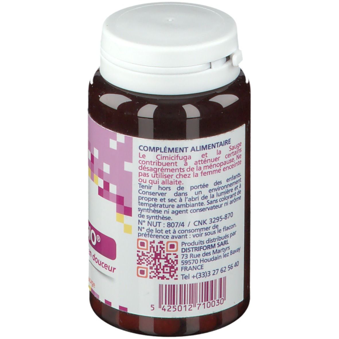 Bruine tablettenfles met witte dop. Achterkant met tekst en QR-code. DistriForm logo.