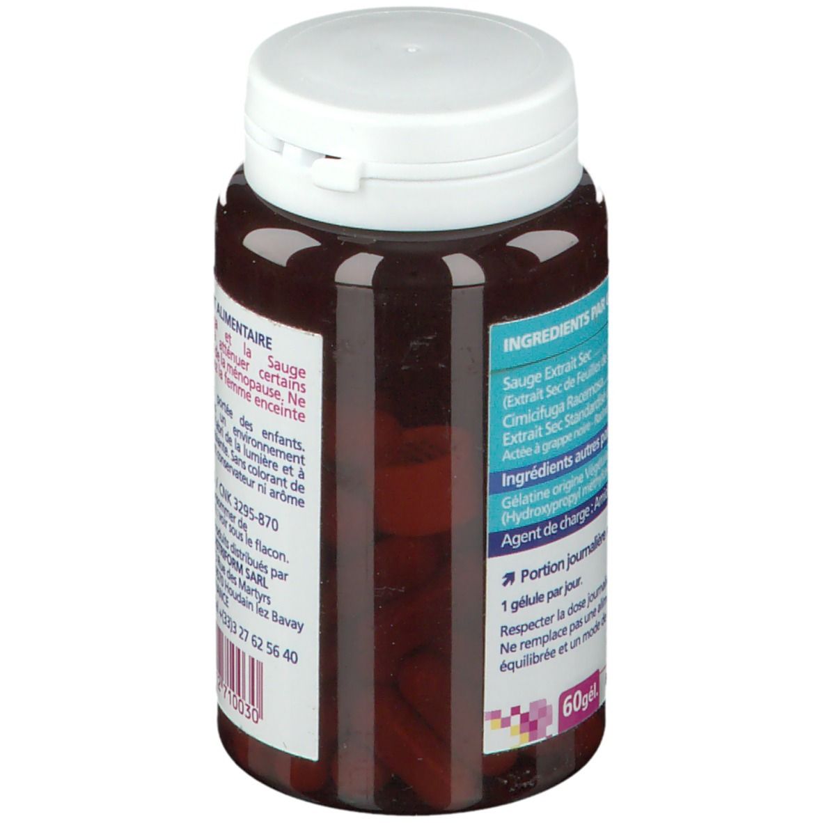 Bruine tablettenfles met witte dop. Opschrift: Ingrediënten per capsule. 60 capsules.