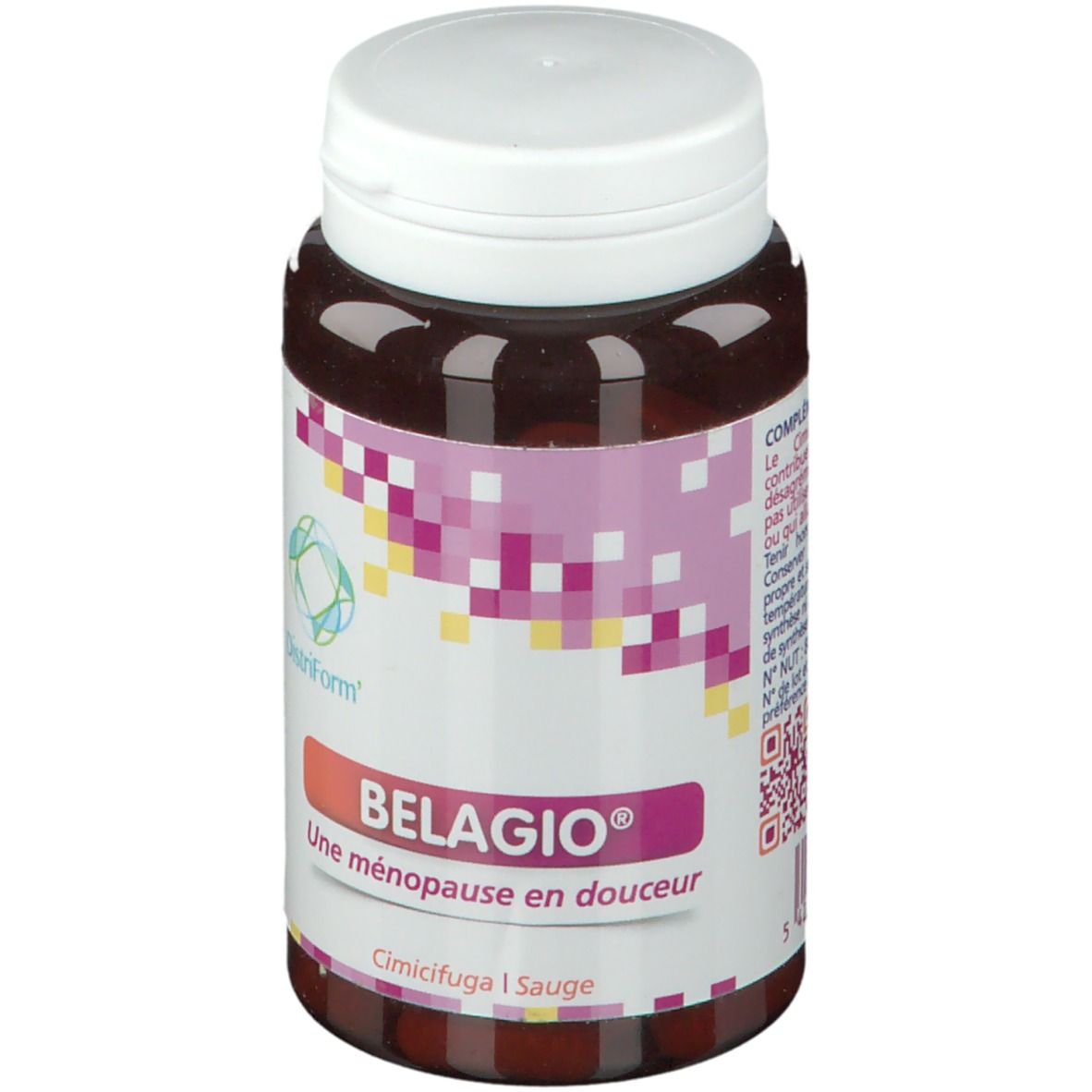 Bruine tablettenfles met witte dop. Opschrift: Belagio, Une ménopause en douceur. DistriForm logo.