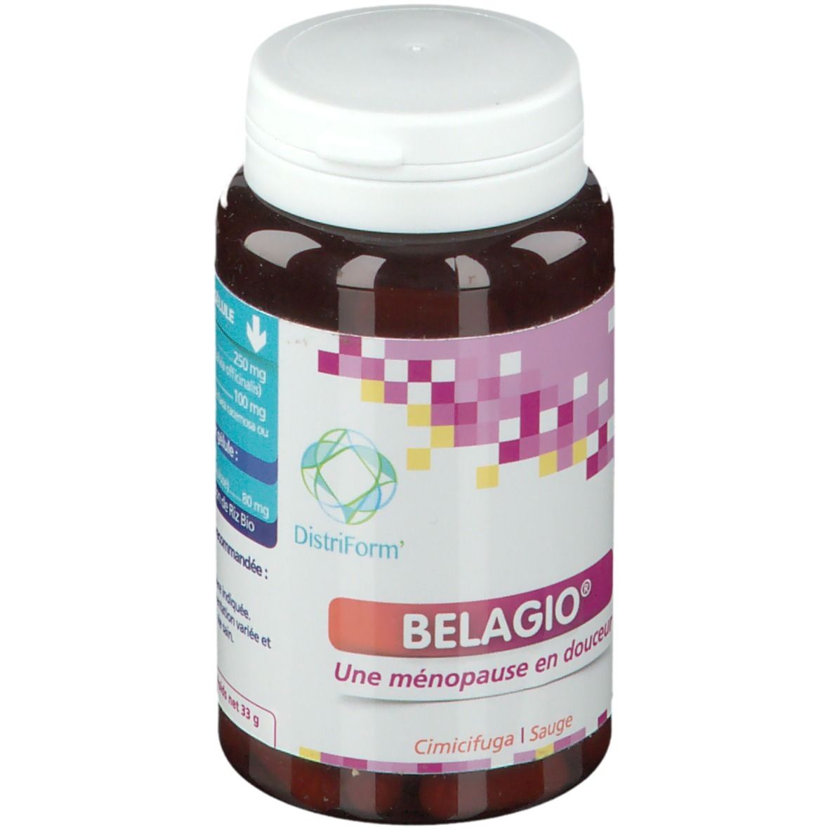 Bruine tablettenfles met witte dop. Opschrift: Belagio, Une ménopause en douceur. DistriForm logo. Ingrediënten.