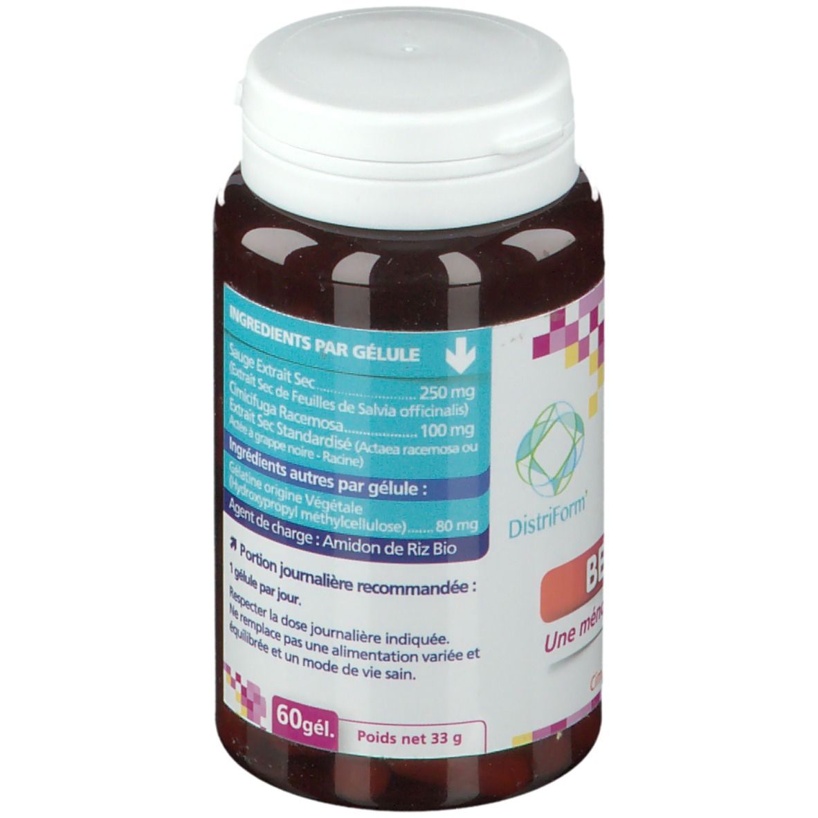 Bruine tablettenfles met witte dop. Opschrift: Ingrediënten per capsule. 60 capsules. DistriForm logo.