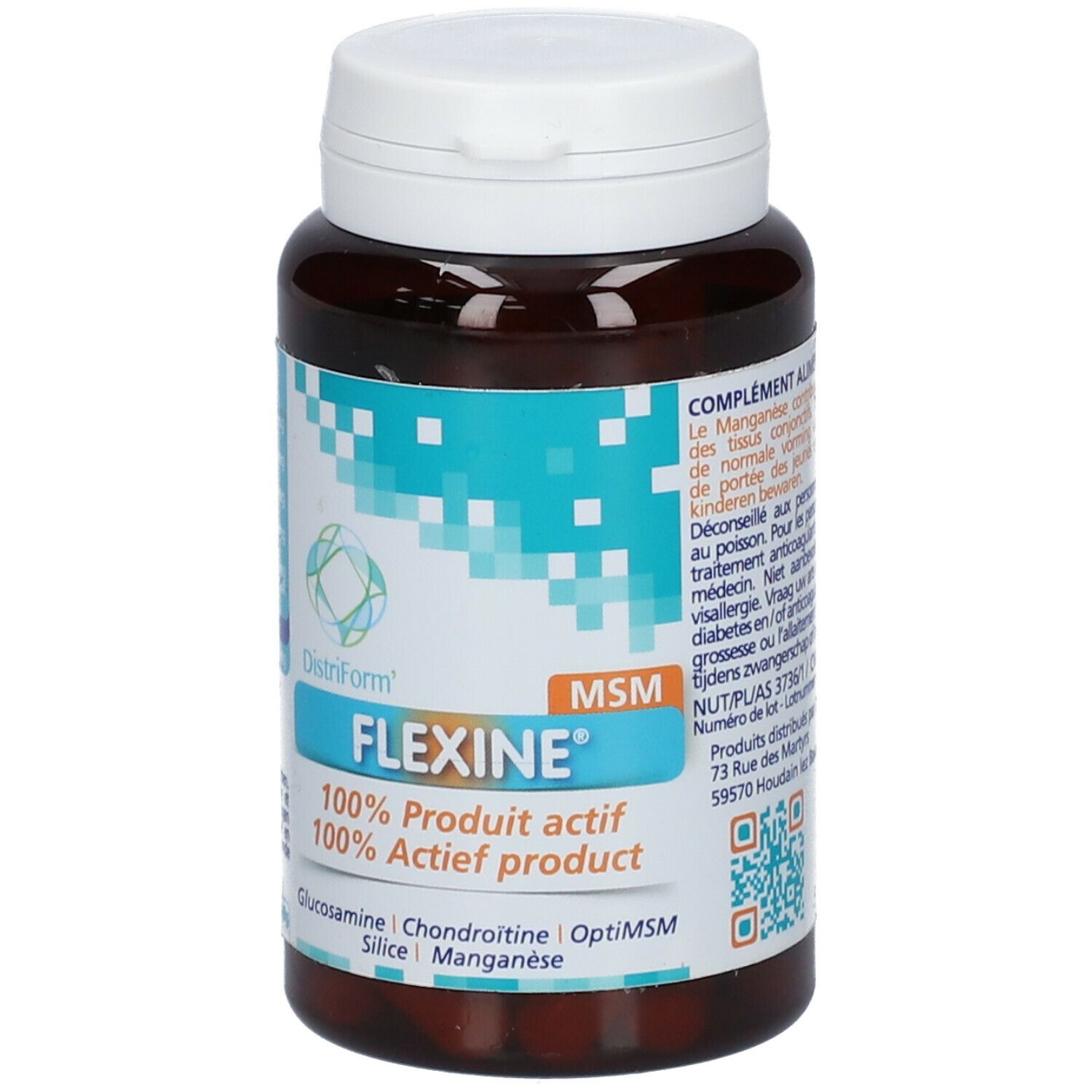 Flacon brun avec bouchon blanc. Inscription FLEXINE®, ingrédients: Glucosamine, Chondroïtine, OptiMSM, Silice, Manganèse.