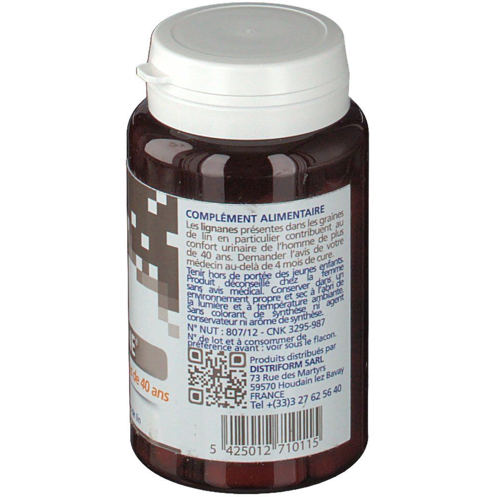 Dos du flacon marron. Texte: Complément alimentaire. Code QR et coordonnées.