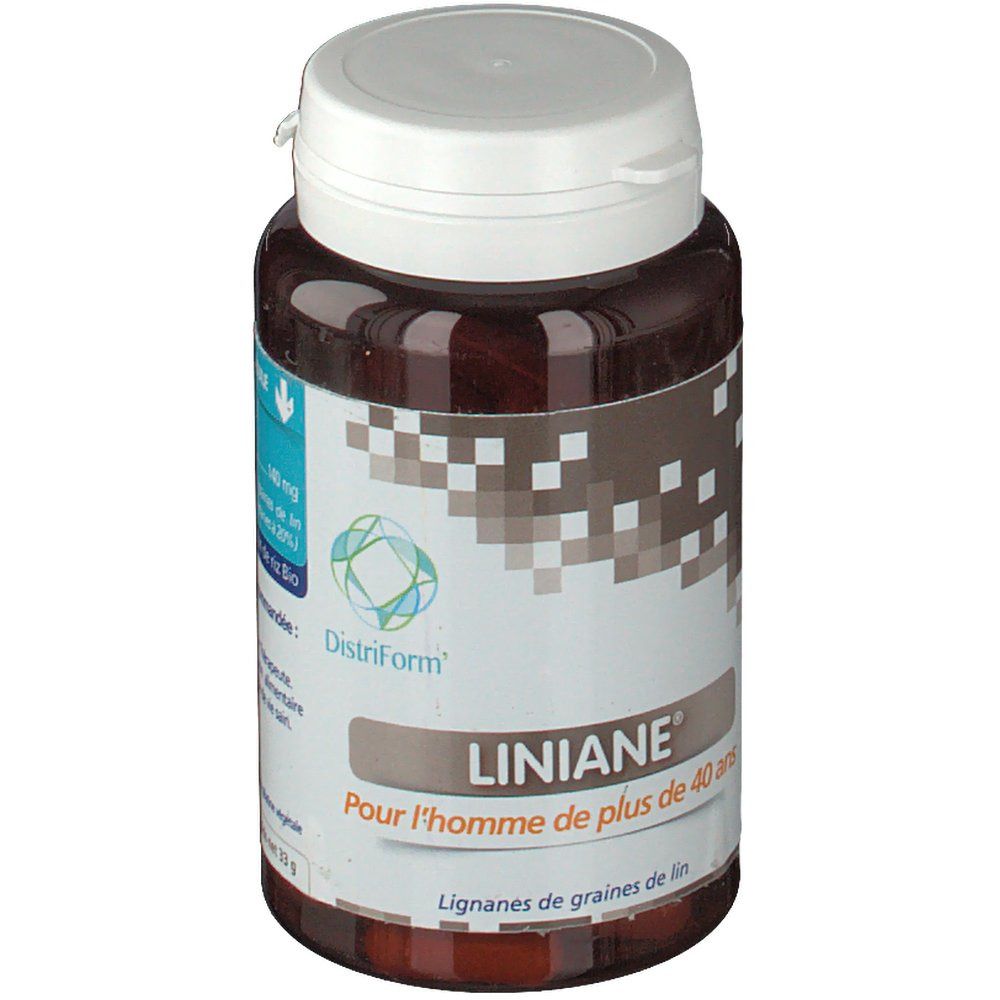 Flacon marron avec bouchon blanc. Inscription: LINIANE, pour hommes de plus de 40 ans. Logo Distriform.