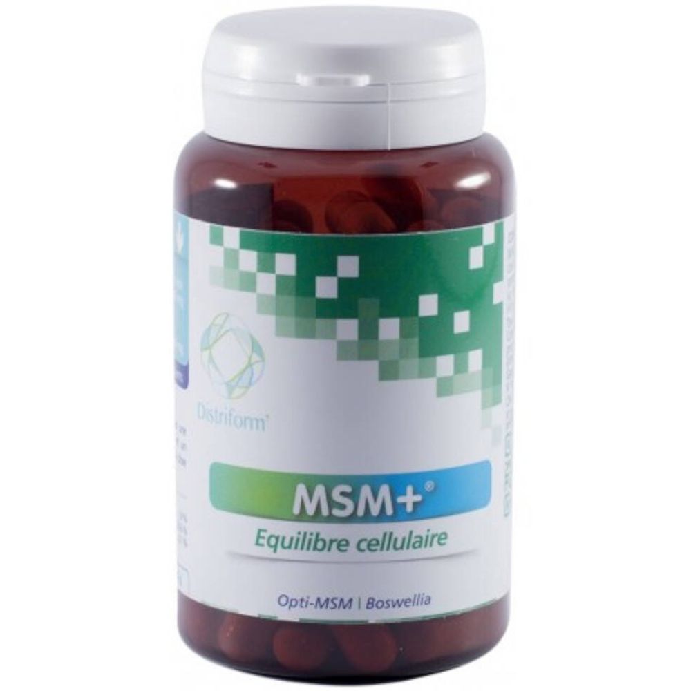 Flacon brun avec bouchon blanc. Inscription: MSM+® Equilibre cellulaire. Opti-MSM | Boswellia. Logo DistriForm.