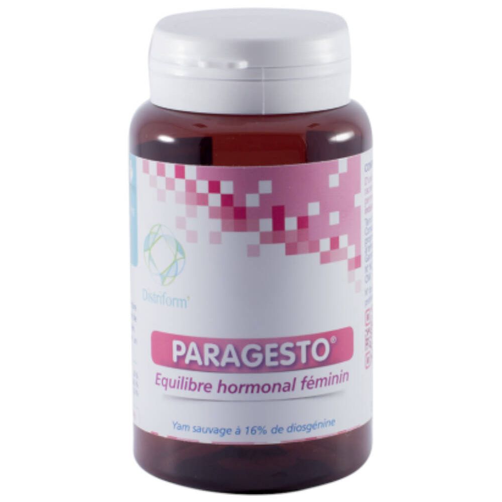 Bruine fles met witte dop. Opschrift Paragesto, Équilibre hormonal féminin. Achtergrond met roze vierkanten.