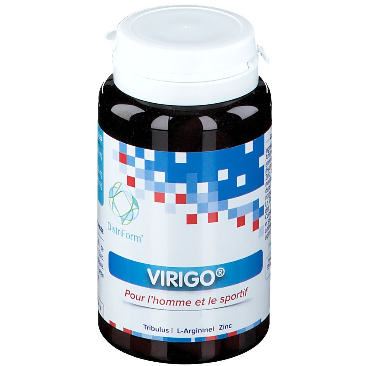 Bruine tablettenfles met witte dop. Opschrift: Virigo, Pour l'homme et le sportif. Blauwe en rode pixelpatronen.