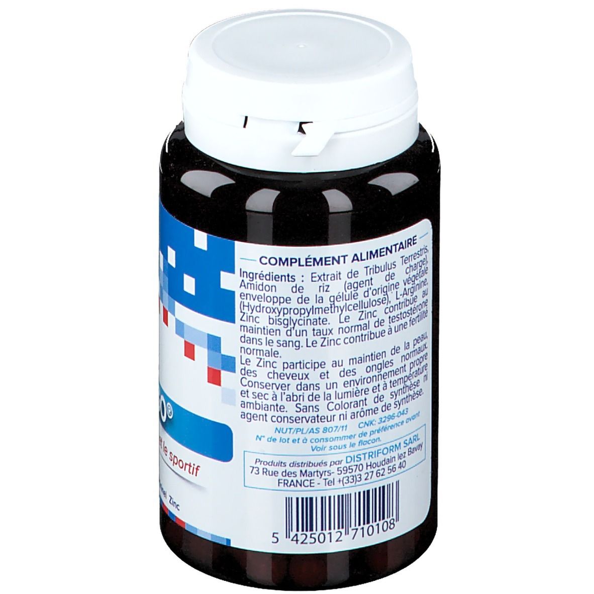 Achterkant van een bruine tablettenfles met witte dop. Tekst: Ingrediënten, voedingssupplement. Streepjescode en fabrikantinfo.